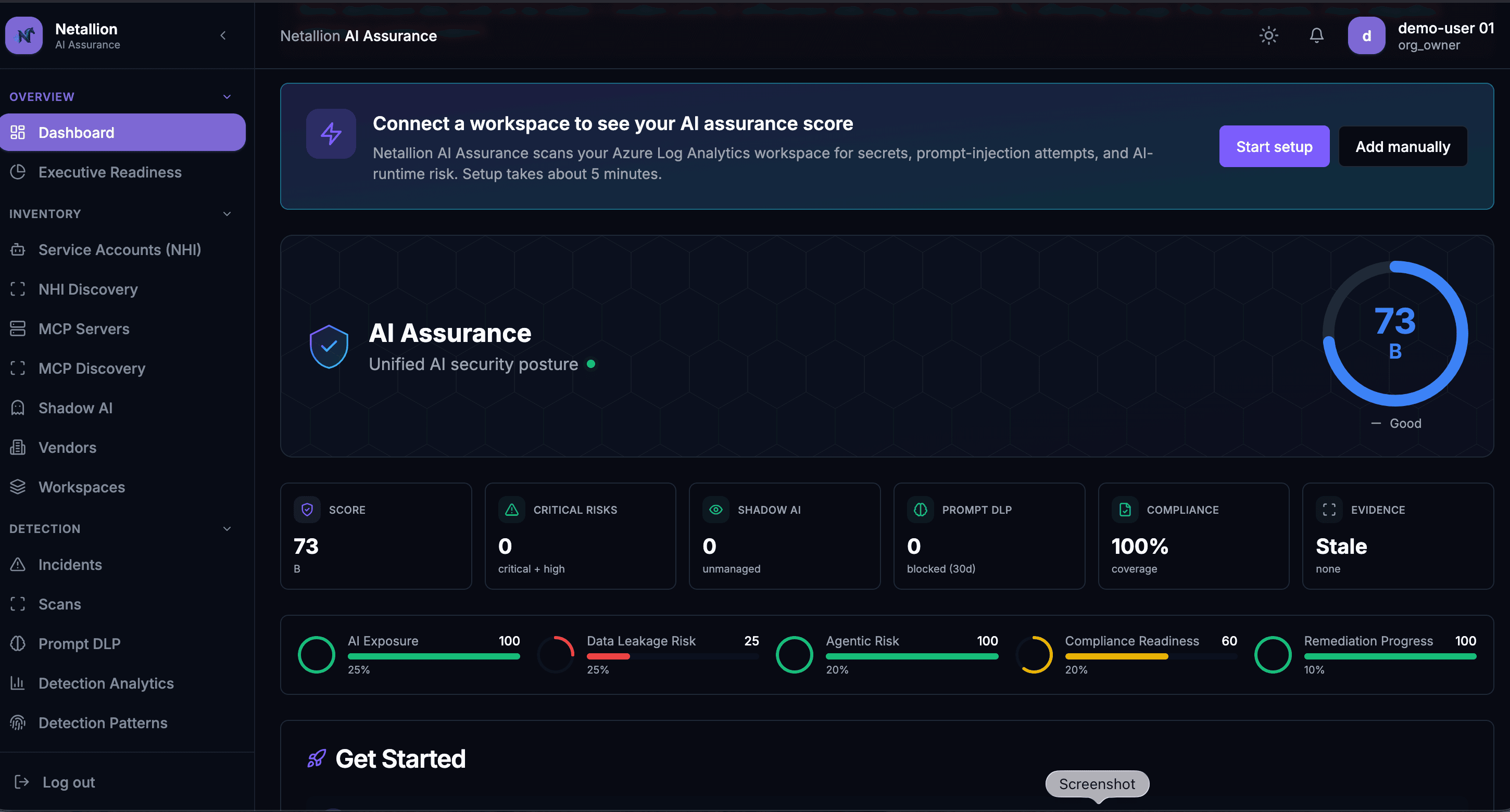 Netallion AI Assurance console showing the unified AI security posture score, critical risks, Shadow AI, Prompt DLP, compliance coverage, and risk readiness bars