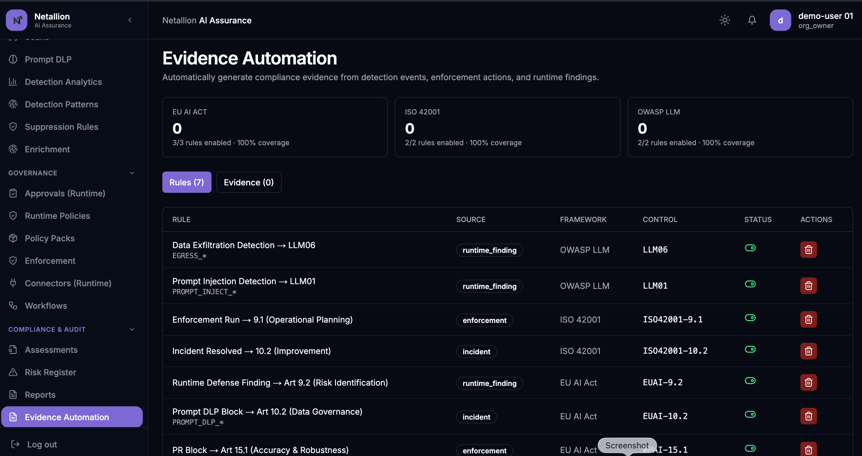 AI Assurance Evidence Automation — rules mapping detections and enforcement to EU AI Act articles and ISO 42001 controls