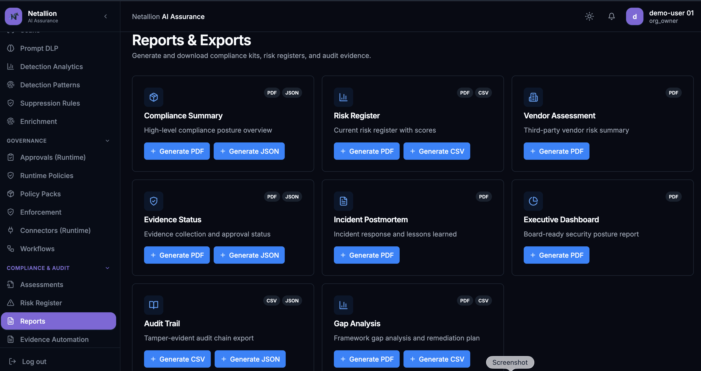 AI Assurance Reports & Exports — compliance summary, risk register, evidence status, and tamper-evident audit trail exports